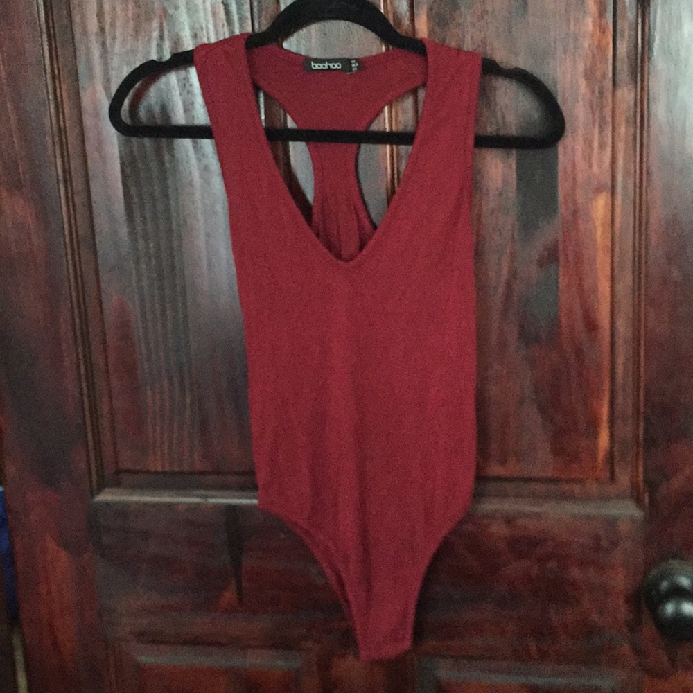 Wine red plunging bodysuit